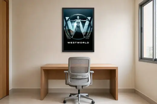Pôster Westworld (2016): androide vitruviano sobre o W emoldurado na parede: home office