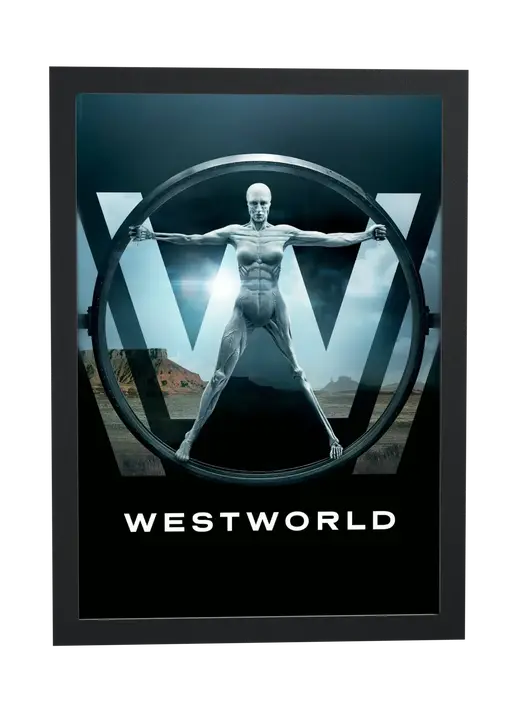 Pôster Westworld (2016): androide vitruviano sobre o W emoldurado