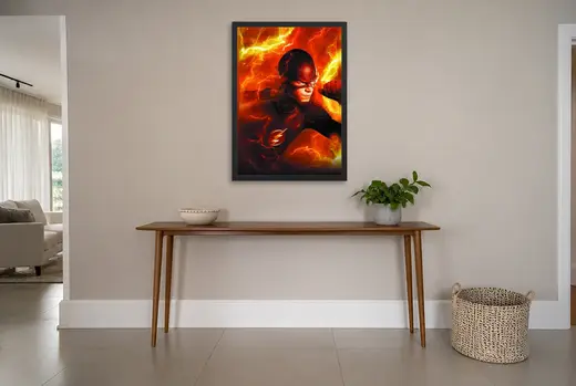 Pôster The Flash (2014): Barry Allen entre raios amarelos emoldurado na parede: hall de entrada