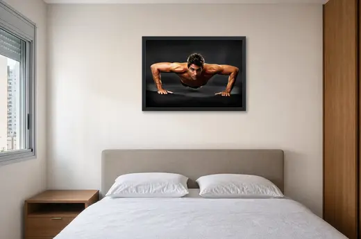 Pôster Homem fazendo flexão em fundo escuro emoldurado na parede: quarto de casal