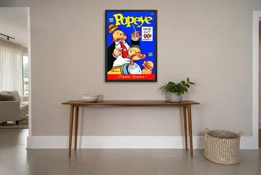 Pôster Popeye no corte de cabelo emoldurado na parede: hall de entrada