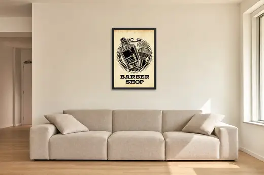 Pôster Emblema vintage de barber shop emoldurado na parede: sala de estar ampla