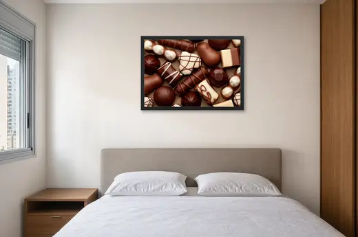 Pôster Chocolates ao leite e brancos emoldurado na parede: quarto de casal