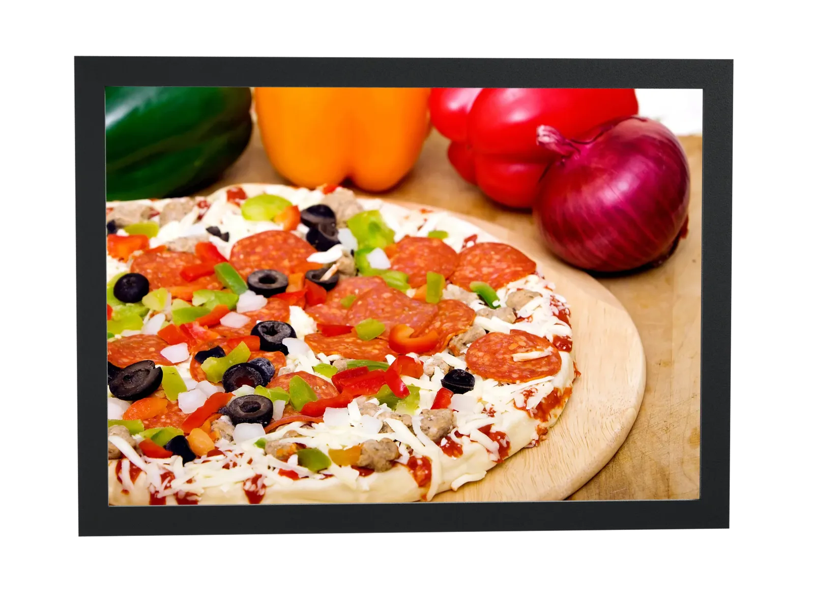 Pôster Pizza com pimentões e cebola roxa emoldurado