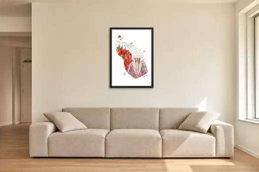 Pôster Anatomia do dente em aquarela emoldurado na parede: sala de estar ampla