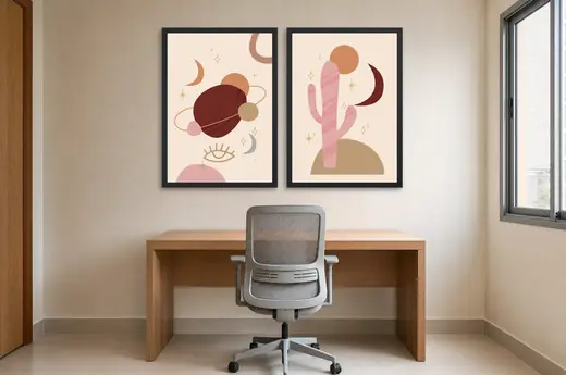 Pôster Dupla boho de planeta e cacto emoldurado na parede: home office