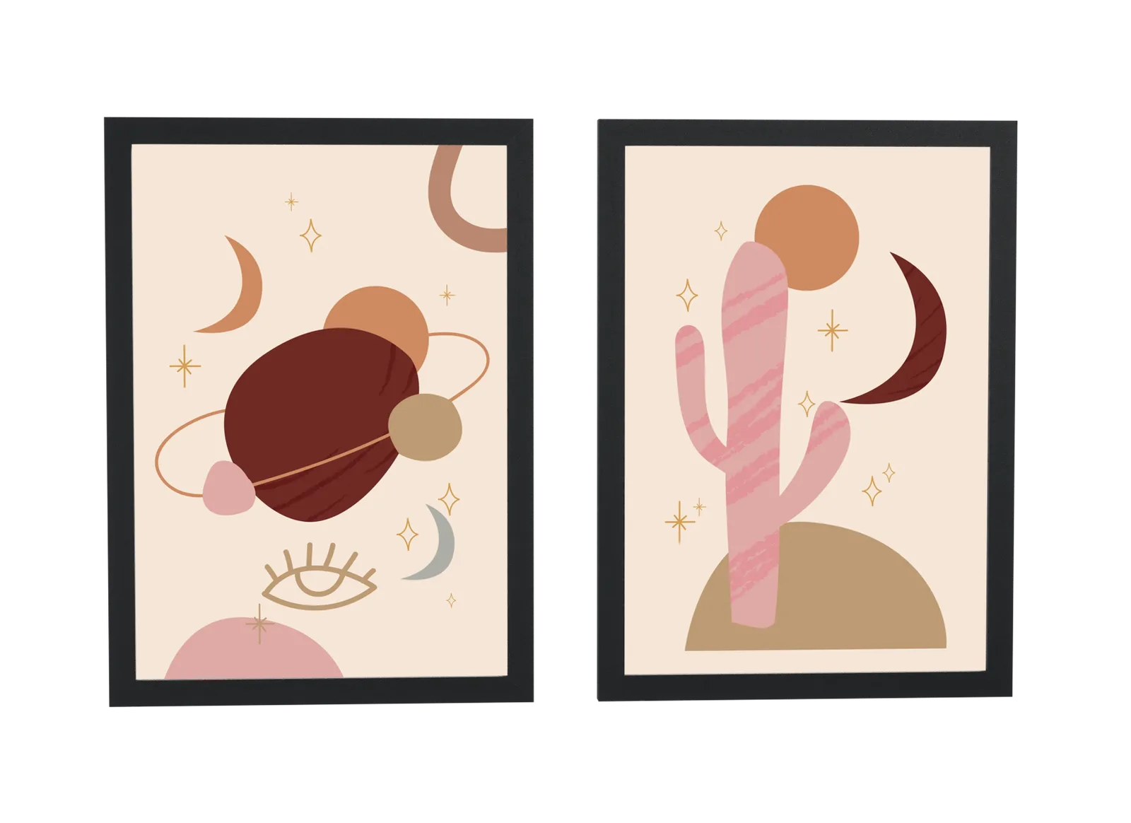 Pôster Dupla boho de planeta e cacto emoldurado