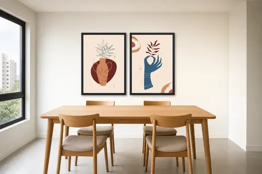 Pôster Dupla boho de vaso e ramo de folhas emoldurado na parede: sala de jantar