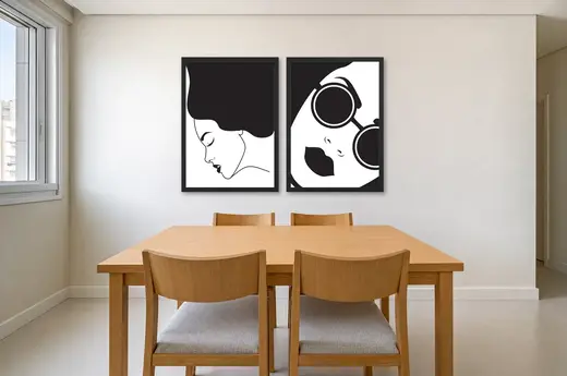 Pôster Dupla de rostos em preto e branco emoldurado na parede: sala de jantar clara