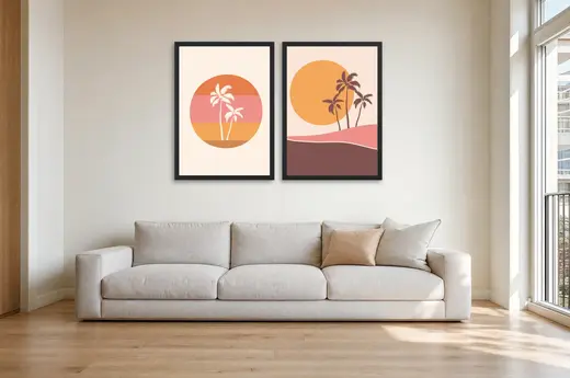 Pôster Dupla de coqueiros ao pôr do sol emoldurado na parede: sala de estar
