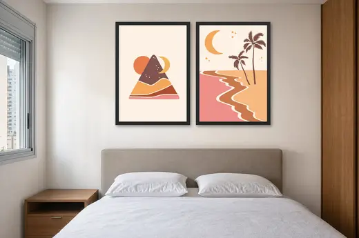 Pôster Dupla boho de montanha e coqueiros ao luar emoldurado na parede: quarto de casal