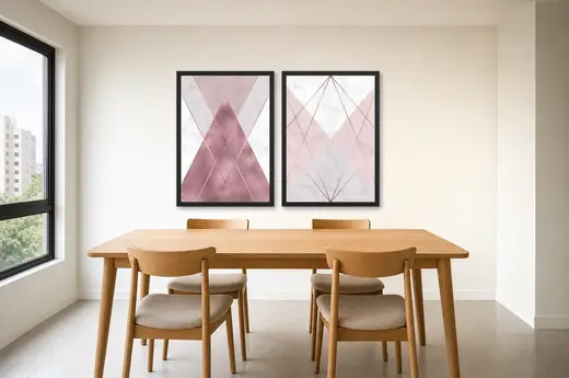 Pôster Dupla de mármore com triângulos rosa emoldurado na parede: sala de jantar