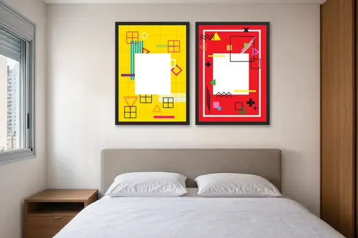 Pôster Dupla memphis em amarelo e vermelho emoldurado na parede: quarto de casal