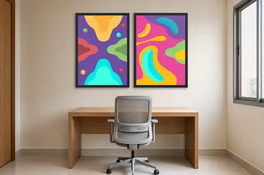 Pôster Dupla abstrata retrô em roxo e magenta emoldurado na parede: home office
