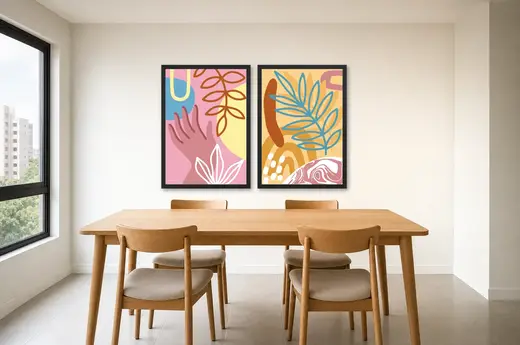 Pôster Dupla boho de mãos e folhagem emoldurado na parede: sala de jantar