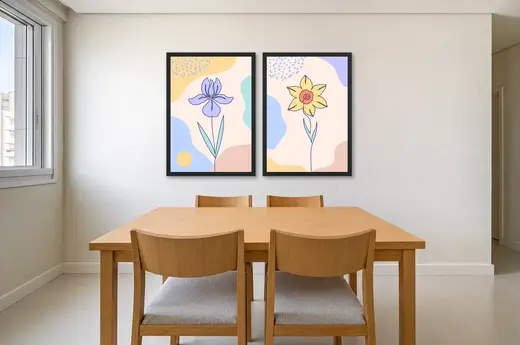Pôster Dupla de íris e narciso em traço fino emoldurado na parede: sala de jantar clara