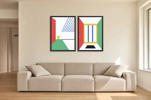 Pôster Dupla bauhaus de janela em vermelho e verde emoldurado na parede: sala de estar ampla