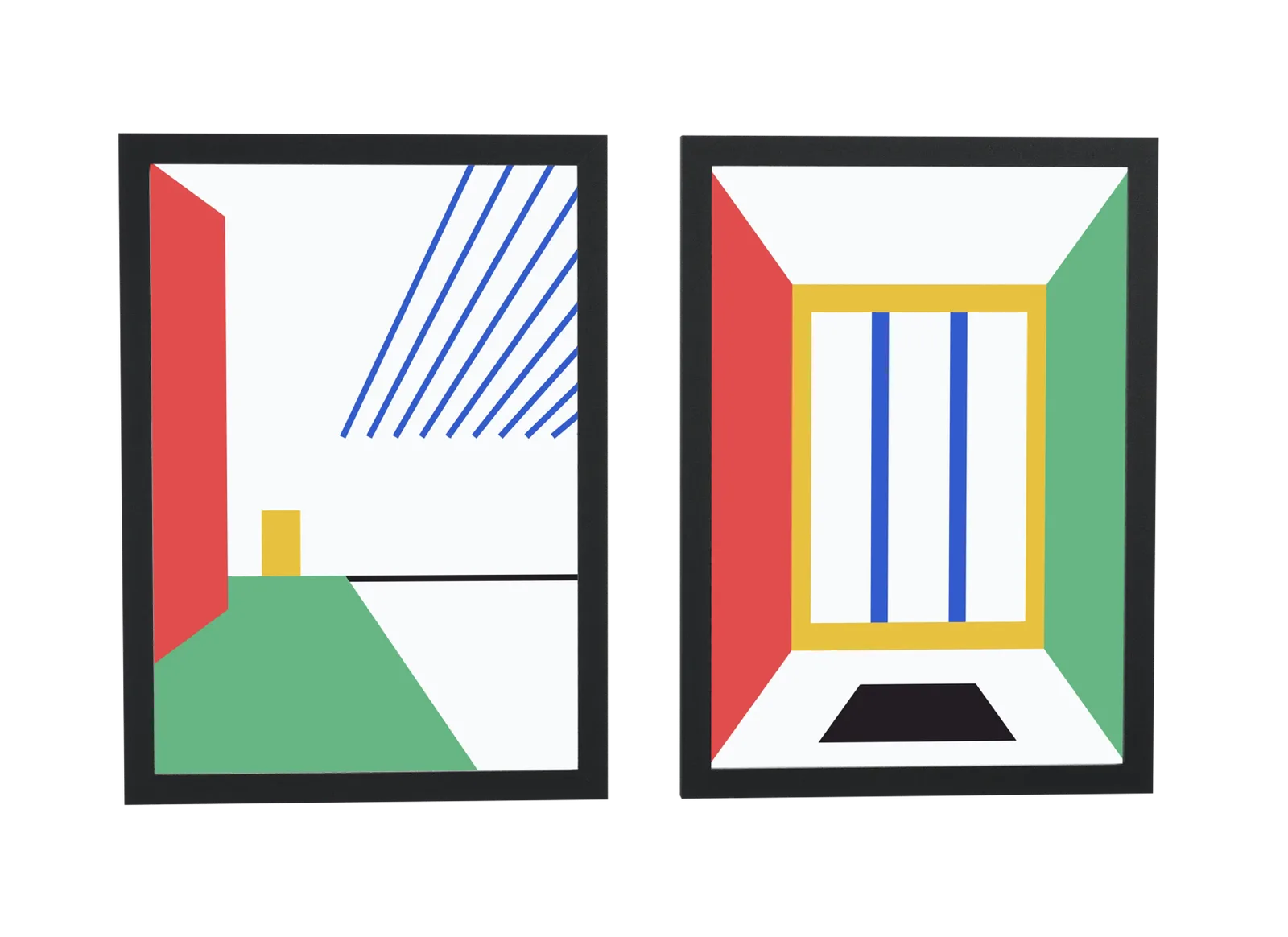Pôster Dupla bauhaus de janela em vermelho e verde emoldurado