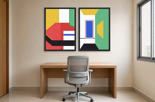 Pôster Dupla bauhaus em vermelho, azul e amarelo emoldurado na parede: home office
