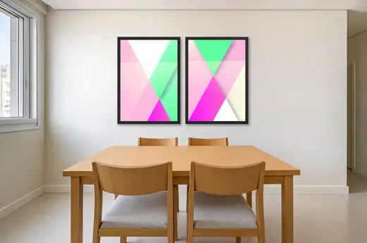 Pôster Dupla gradiente em X verde-menta e magenta emoldurado na parede: sala de jantar clara