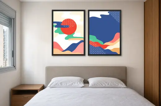 Pôster Dupla japonesa em vermelho e azul emoldurado na parede: quarto de casal