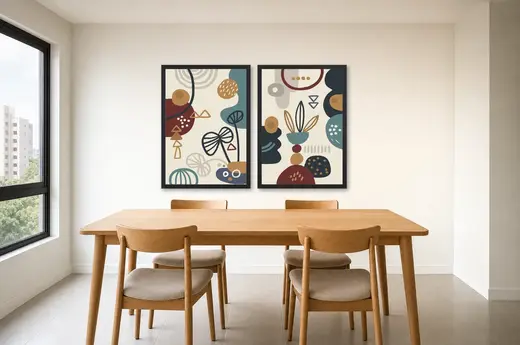 Pôster Dupla abstrata de vaso e formas orgânicas emoldurado na parede: sala de jantar