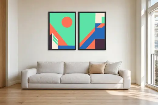 Pôster Dupla art déco em verde com sol laranja emoldurado na parede: sala de estar