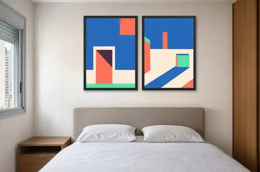 Pôster Dupla art déco em azul com portas geométricas emoldurado na parede: quarto de casal
