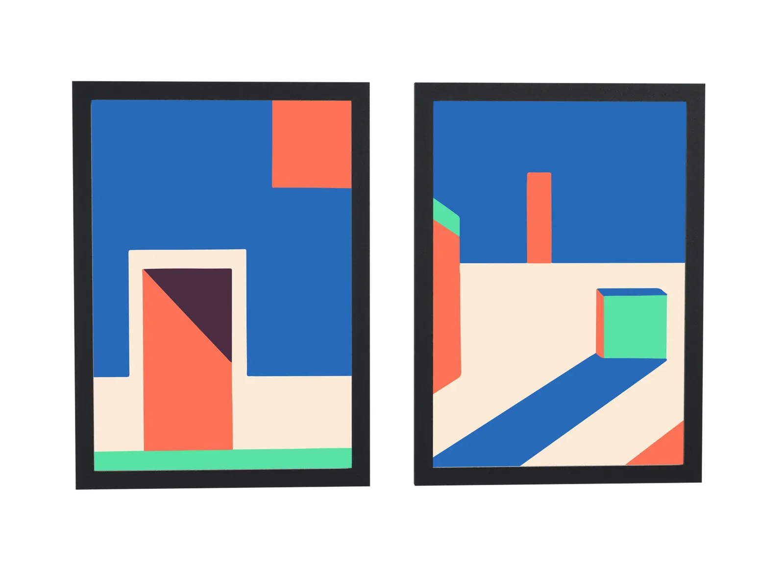 Pôster Dupla art déco em azul com portas geométricas emoldurado