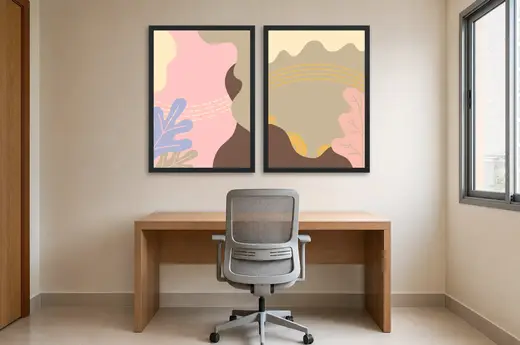 Pôster Dupla abstrata em rosa e tons terrosos emoldurado na parede: home office