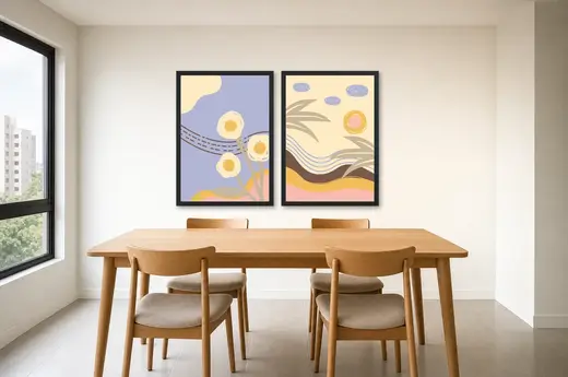 Pôster Dupla ilustrada de flores e dunas emoldurado na parede: sala de jantar