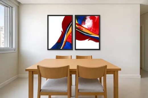Pôster Dupla contínua em vermelho e azul emoldurado na parede: sala de jantar clara