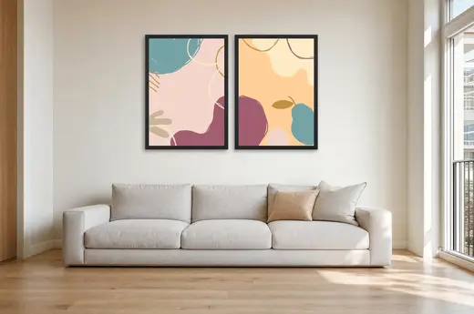 Pôster Dupla abstrata de pera em rosa e verde-água emoldurado na parede: sala de estar