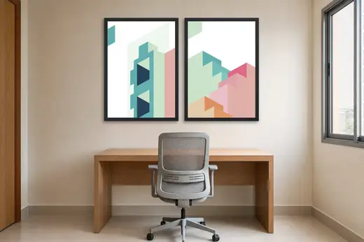 Pôster Dupla geométrica arquitetônica em verde-menta emoldurado na parede: home office