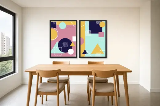 Pôster Dupla memphis em rosa e verde-menta emoldurado na parede: sala de jantar