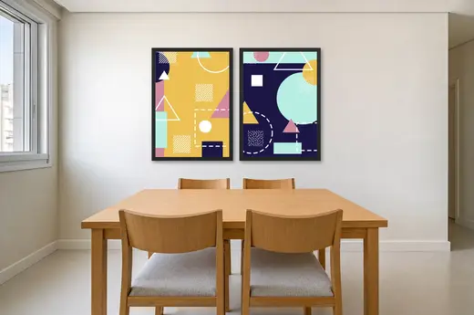 Pôster Dupla memphis em amarelo e azul-marinho emoldurado na parede: sala de jantar clara