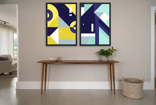 Pôster Dupla geométrica em amarelo e azul-marinho emoldurado na parede: hall de entrada