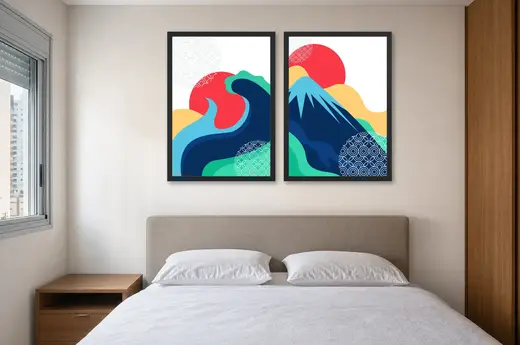Pôster Dupla japonesa de onda e montanha Fuji emoldurado na parede: quarto de casal
