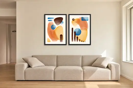Pôster Dupla abstrata em aquarela terracota e azul emoldurado na parede: sala de estar ampla