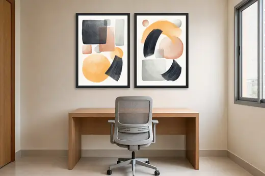 Pôster Dupla abstrata em aquarela cinza e pêssego emoldurado na parede: home office