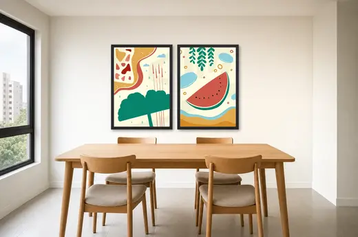 Pôster Dupla ilustrada de praia e melancia emoldurado na parede: sala de jantar