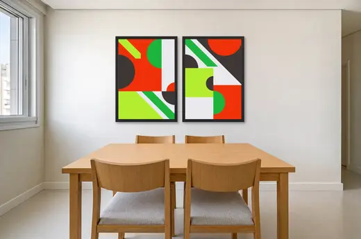 Pôster Dupla geométrica em vermelho e verde-limão emoldurado na parede: sala de jantar clara