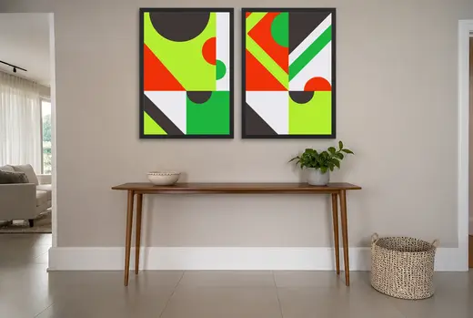 Pôster Dupla geométrica em verde-limão e vermelho emoldurado na parede: hall de entrada