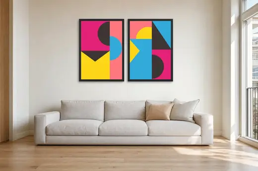 Pôster Dupla geométrica em magenta e azul emoldurado na parede: sala de estar