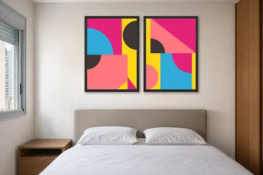 Pôster Dupla geométrica em rosa-choque e amarelo emoldurado na parede: quarto de casal