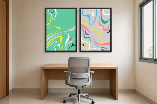 Pôster Dupla abstrata fluida em verde e cinza emoldurado na parede: home office