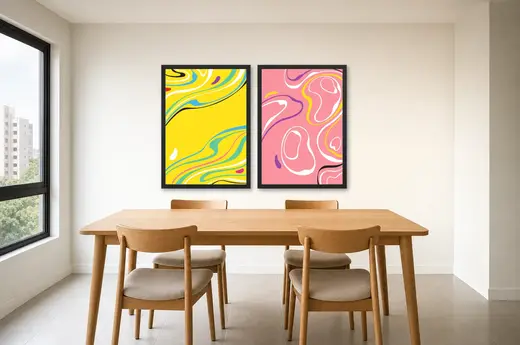 Pôster Dupla abstrata fluida em amarelo e rosa emoldurado na parede: sala de jantar