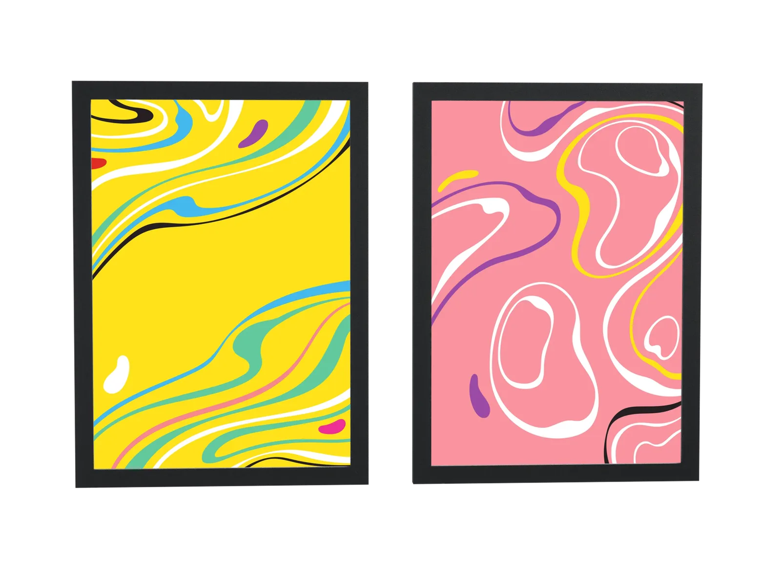 Pôster Dupla abstrata fluida em amarelo e rosa emoldurado