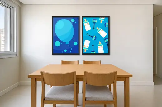 Pôster Dupla infantil de balão azul e mamadeiras emoldurado na parede: sala de jantar clara