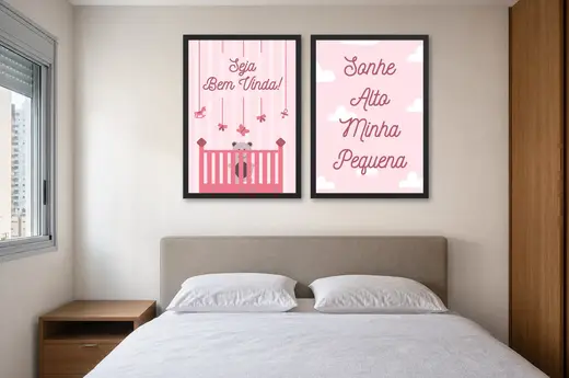 Pôster Dupla infantil de berço com borboletas em rosa emoldurado na parede: quarto de casal